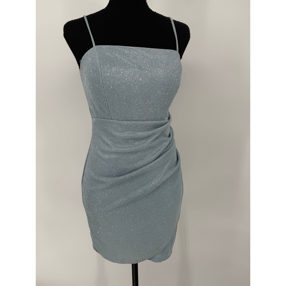 Crystal Doll Light Blue Glitter Ruched Bodycon‎ Mini Dress Juniors 7 Sleeveless